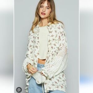 New Oversized POL Cotton Gauze Floral Button Down Top With Knit Sleeves